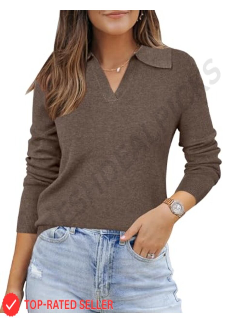 Wool Blend Collared V-Neck Polo Sweater Business Casual Pullover